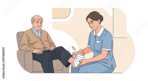 Nurse applying bandage to elderly man's ankle in armchair, home care