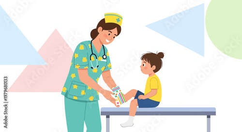 Nurse applying bandage to child's leg, pediatric healthcare, medical treatment, care and kindness