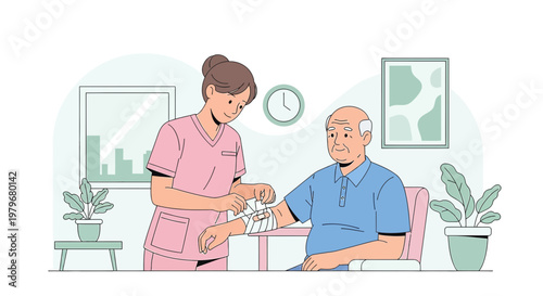 Nurse applying bandage to elderly man's arm in care home, medical assistance