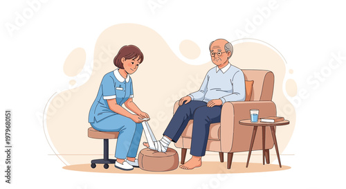 Nurse Applying Bandage to Elderly Man's Leg in Home Care Setting