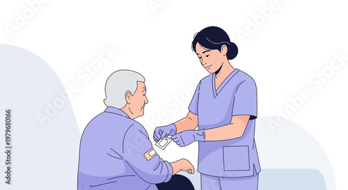 Nurse Applying Bandage to Elderly Patient's Arm After Medical Procedure