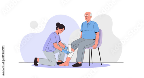 Nurse applying bandage to elderly man's leg, post-operative care, rehabilitation