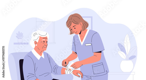 Nurse applying bandage to elderly patient's arm, providing care and support in a medical setting.