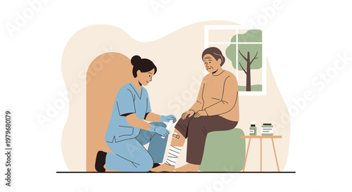 Nurse applying bandage to elderly patient's leg, home healthcare, medical assistance