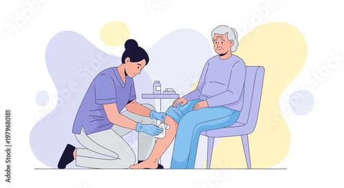 Nurse Applying Bandage to Elderly Patient's Leg After Medical Procedure