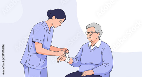 Nurse applying bandage to elderly patient's wrist in medical setting