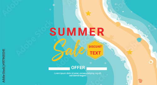 Summer sale banner template, beach background, vector illustration, promotional offer design