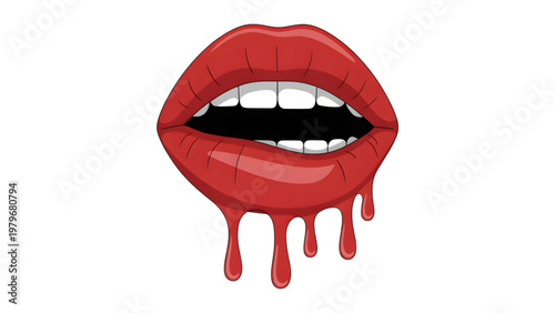 Red Lips Biting with Blood Dripping on White Background