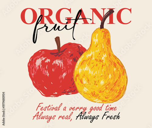 Pear and apple watercolor design. Fresh apple set. Organic food artwork for for t-shirt. Fruit vintage t-shirt design. Sweet and juicy apple fruit artwork.