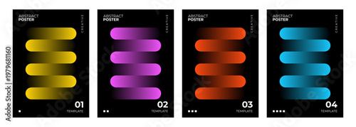 Abstract posters collection. Bright gradient stripes on black background. Creative graphic designs. Vector illustration.