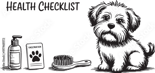 A health checklist illustration features a fluffy dog soap a vaccination card and grooming tools high quality professional detailed modern elegant