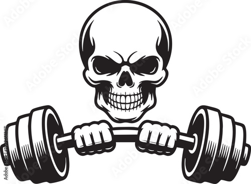 A striking black and white illustration depicts a skull confidently lifting barbells symbolizing strength and mortality high quality professional detailed modern