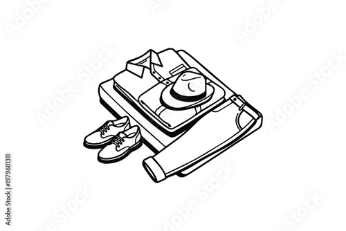Open Suitcase on Bed with Clothes and Travel Essentials – Packing Preparation Illustration for Vacation Planning, Tourism, and Lifestyle Content