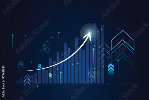 Abstract financial chart with up trend and arrow line graph in stock market on gradient dark blue color background