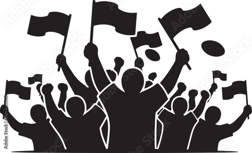 Protesting crowd silhouette vector, cheering fans with flags, group of people at political rally or sports event