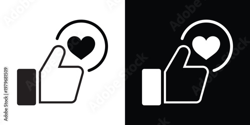 Line art vector of thumbs up hand with black heart inside a circle on white background. Minimalist icon for like with love, approval plus affection, social reactions, favorites, positive feedback in a