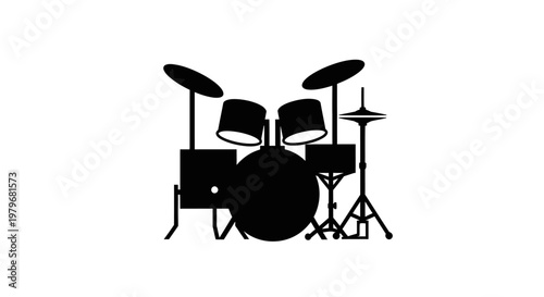 Black silhouette of a drum kit on a white background.