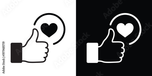 Line art vector of thumbs up hand with black heart inside a circle on white background. Minimalist icon for like with love, approval plus affection, social reactions, favorites, positive feedback in a