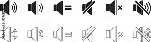 Speaker volume control icons black outline set with muted options