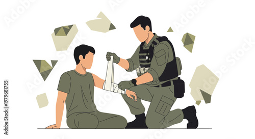 Soldier applying bandage to injured civilian, medical aid in conflict zone