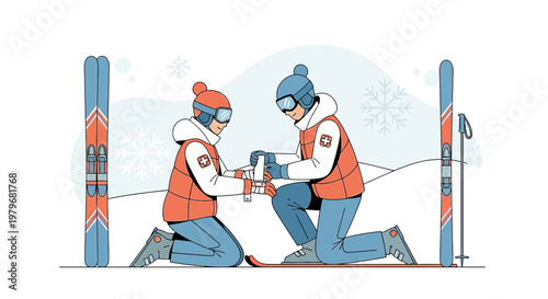 Ski Patrol Rescuers Administering First Aid to Injured Skier in Snowy Mountains