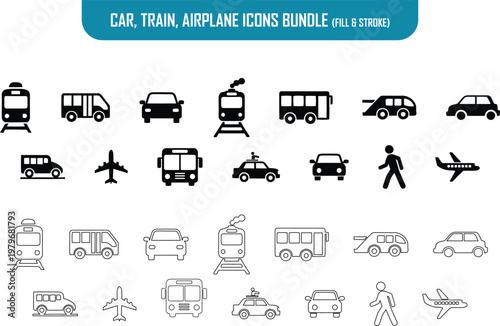 Black and white transportation icons set vehicles planes and people
