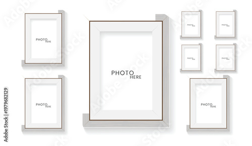 Set of Wooden rectangles light picture frame on a glossy white surface vector illustration