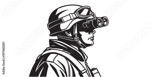 Soldier wearing binoculars and helmet with tactical gear military equipment military binoculars tactical operator special forces observation equipment protective strategy security