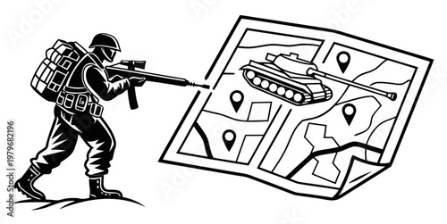 Soldier with backpack aiming rifle at tank on map combat zone military vehicle army tank armed forces planning operation route planning enemy target attack plan ground forces war game