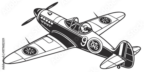 Racing airplane with number 96 on wing air race line art black and white graphic design airplane propeller aircraft competition number 96 aerobatics aviation transport silhouette