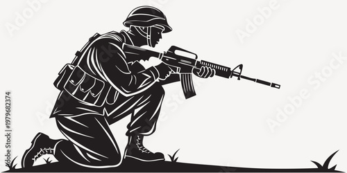 Soldier kneeling with rifle in silhouette style ready pose black and white army man military kneeling silhouette illustration character soldiering infantry shooting