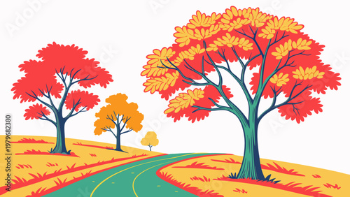 Curved road through rolling hills with stylized trees in autumn colors no people transport landscape illustration stylized background countryside no people recreation exploration