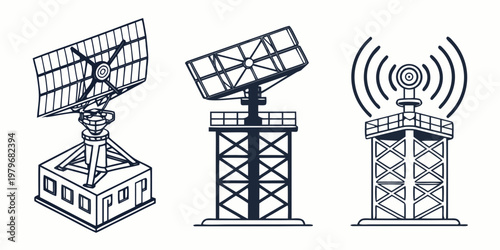 Solar panel and radar array icons with communication tower communication transmission technology electronics equipment collection graphics illustration simplified isolated engineering