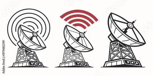 Satellite dishes and radio towers transmitting signals icon set with dish antenna satellite broadcast communication transmission wireless technology reception telecommunication graphics