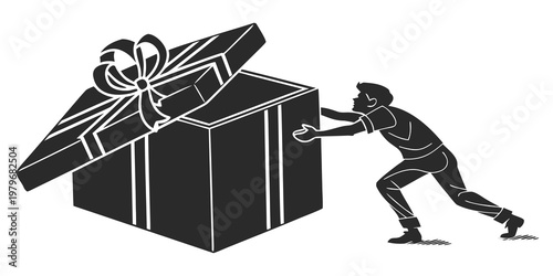 Man pushing open a large gift box with gift wrapping black and white surprised celebration surprise birthday christmas container giftable new year abstract illustration packaging