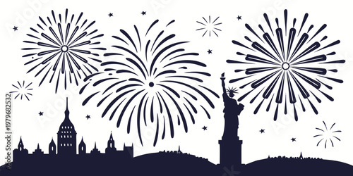 New york city skyline with statue of liberty and fireworks independence day fourth of july light show fireworks celebration patriotism explosion sparkler illumination background