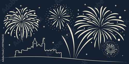 Firework display over historic castle silhouette with light show fireworks silhouette celebration historic architecture medieval fortress explosion sparkler illumination background