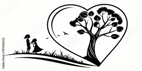 Couple standing in a heart-shaped frame with a tree and birds together silhouette relationship illustration symbolic friendship companionship affection togetherness connection