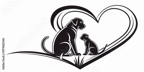 Black silhouette of a dog and puppy sitting inside a heart shape with silhouette companionship domestic illustration symbolic relationship affection togetherness connection