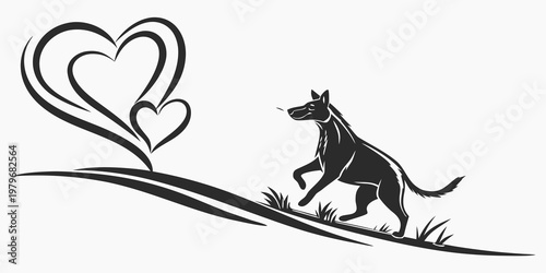 Dog running towards heart shapes with animal lover organic lines affection silhouette illustration artistic stylized background friendship companionship energetic abstract