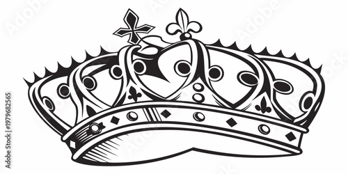 Black and white illustration of a royal crown with jewels and cross ornament monarchy authority illustration leadership heritage heraldry medieval historical ornament headwear