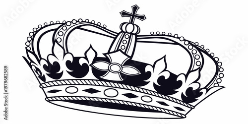 Ornate king's crown icon with cross on top stylized royal symbol black and white background heraldry authority headwear imperial ceremony illustration decorative embroidery