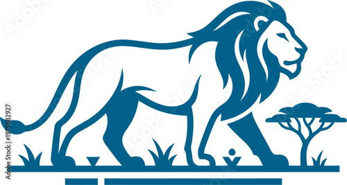 African lion walking through savanna landscape with acacia tree can be Editable