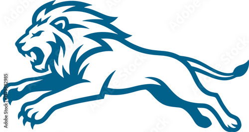 Aggressive lion leaping forward with open mouth blue vector can be Editable