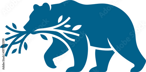 Bear silhouette carrying a leafy tree branch in its mouth can be Editable