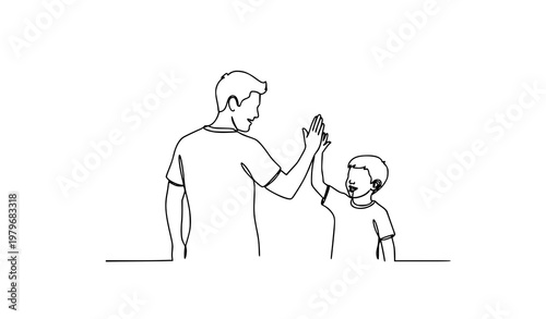 Minimalist single line father and son high five celebrating school success vector illustration