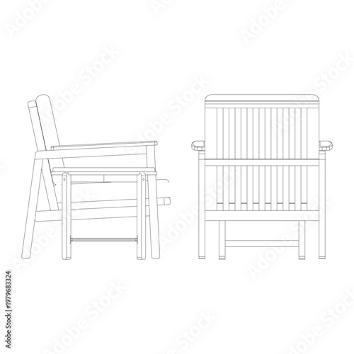 Side view line drawing of a living room set with lazy chairs, three seater sofa, round side table, and coffee table. Minimalist outline highlighting proportions and structure.