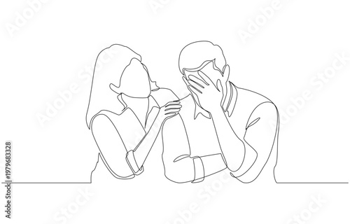 Continuous one line of wife gently comforting stressed husband, emotional support, relationship counseling concept, single line art