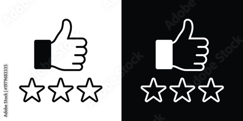 Minimalist line art icon featuring hand thumbs up gesture topped with four outline stars for high rating and approval. Clean black vector on white background, ideal for reviews, feedback, quality symb