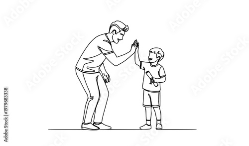 Continuous line vector illustration of dad high-fiving son for school achievement parenthood